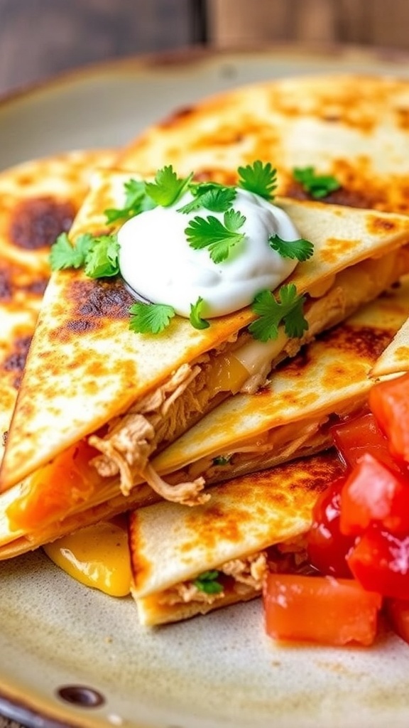 Golden-brown chicken quesadilla wedges with cheese, served with salsa and sour cream.